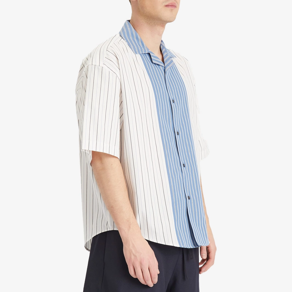 AMI Paris Men's Camp Collar Contrast Stripe Boxy Shirt Off-White/Blue Note/Navy